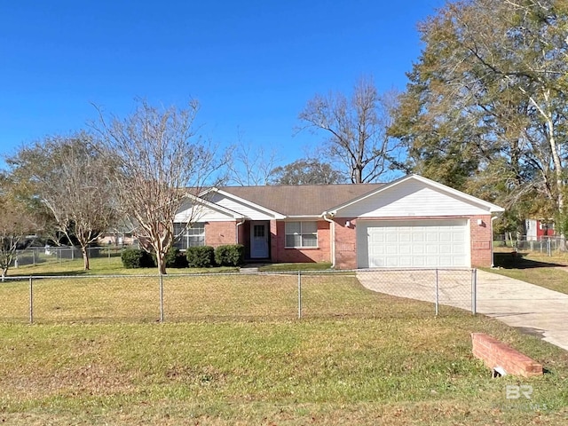 ranch-style home with a garage and a front lawn