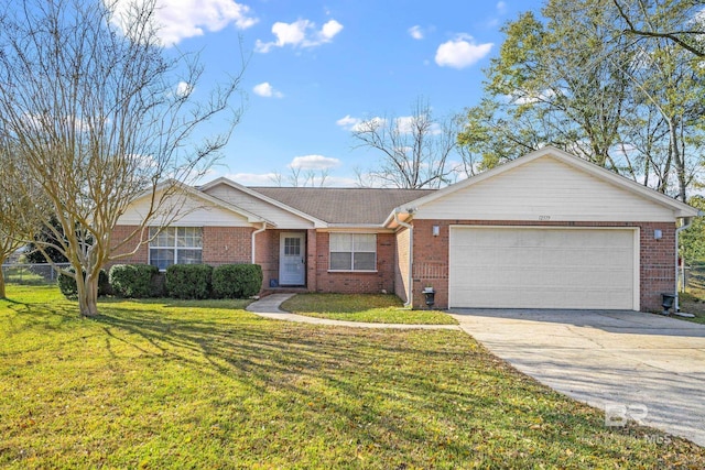 ranch-style home with a front lawn and a garage