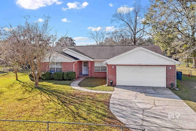 ranch-style home with a garage and a front lawn