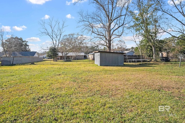 view of yard featuring a shed and a trampoline