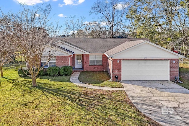 single story home with a garage and a front lawn