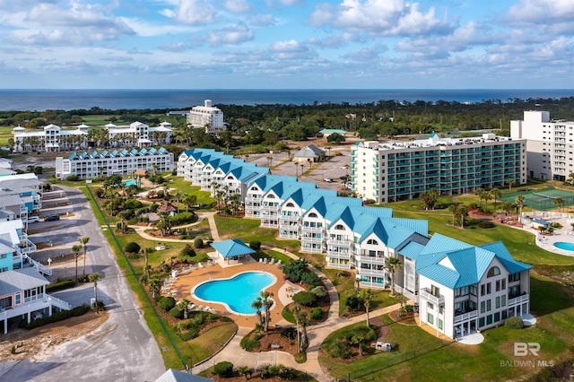 bird's eye view with a water view