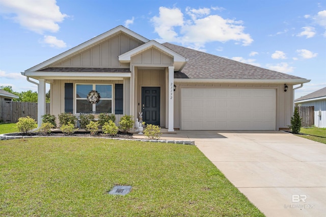 ranch-style house featuring board and batten siding, an attached garage, a front yard, fence, and a shingled roof