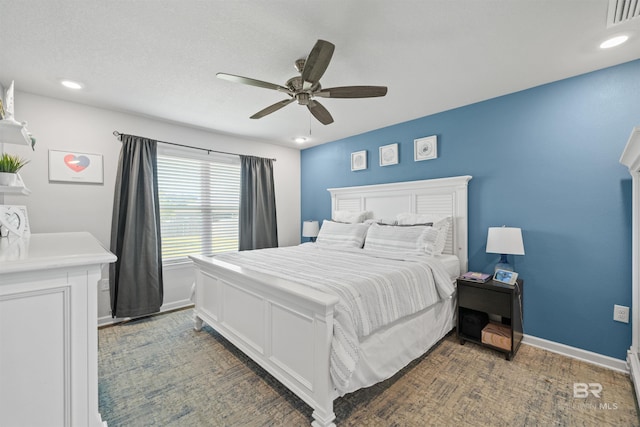 bedroom with ceiling fan, baseboards, visible vents, and recessed lighting