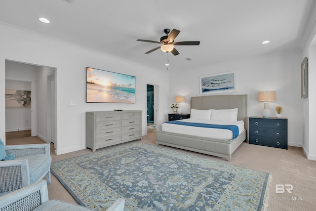 bedroom featuring crown molding, a ceiling fan, baseboards, recessed lighting, and carpet flooring