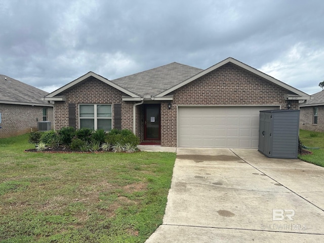 ranch-style home with a garage, a front lawn, and cooling unit