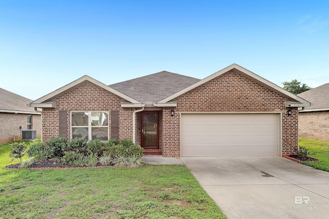 ranch-style home featuring brick siding, a front lawn, concrete driveway, roof with shingles, and a garage