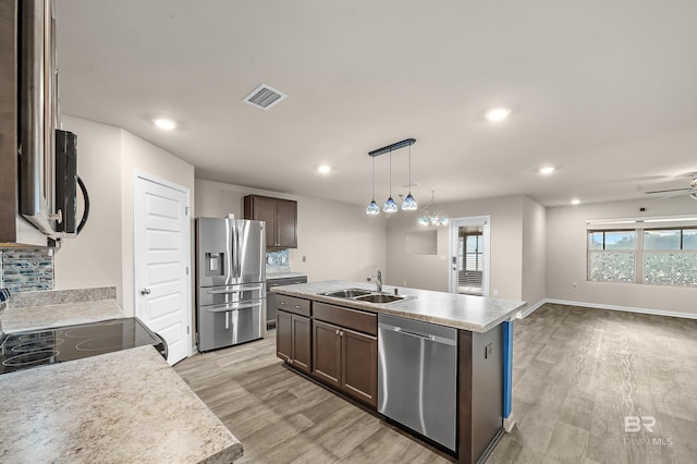 kitchen with visible vents, a sink, tasteful backsplash, stainless steel appliances, and dark brown cabinets