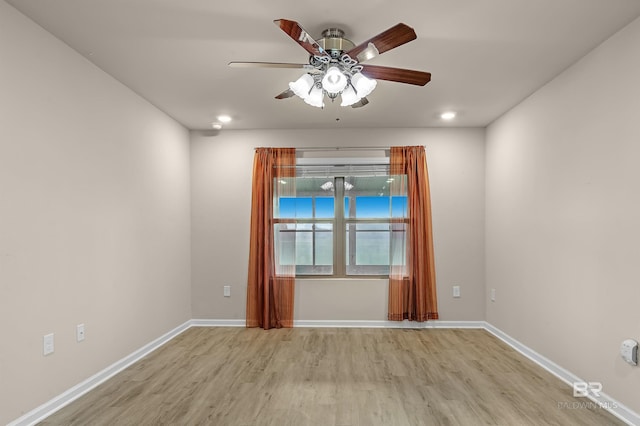 unfurnished room with recessed lighting, baseboards, a ceiling fan, and light wood finished floors