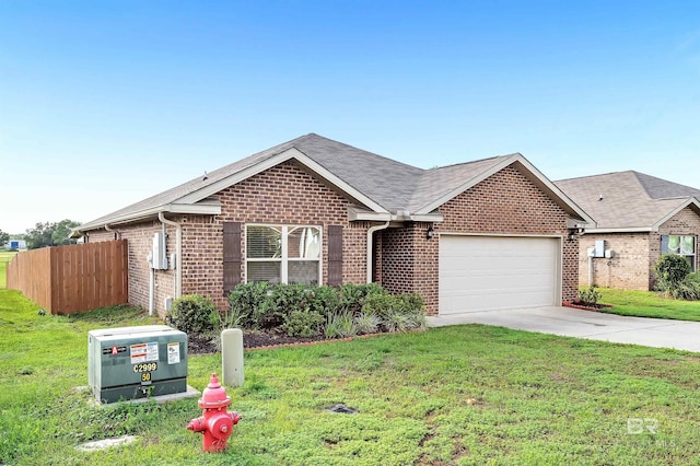 single story home with a garage, brick siding, concrete driveway, and a front lawn