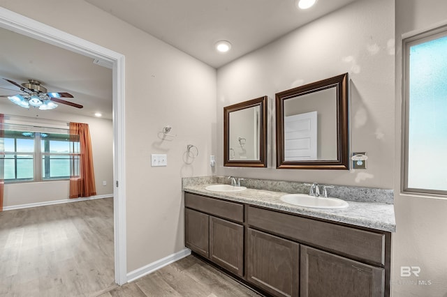 bathroom with double vanity, wood finished floors, baseboards, and a sink