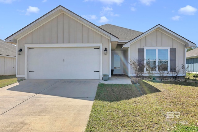 single story home featuring a garage, a shingled roof, driveway, a front lawn, and board and batten siding