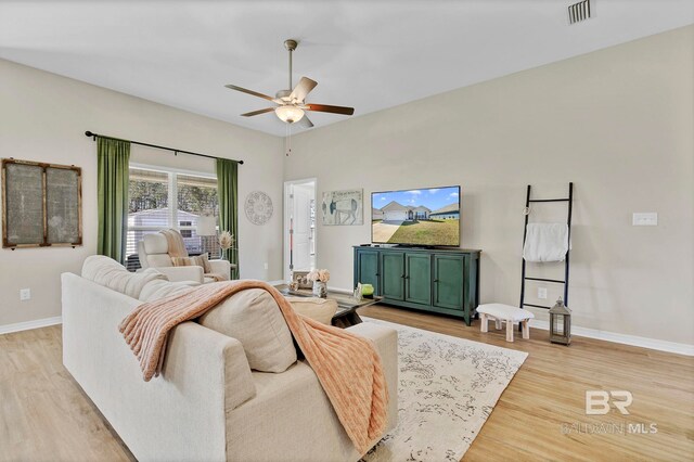 1203 Hayward Loop, Foley, AL 36535 - living area with visible vents, ceiling fan, light wood-style flooring, and baseboards