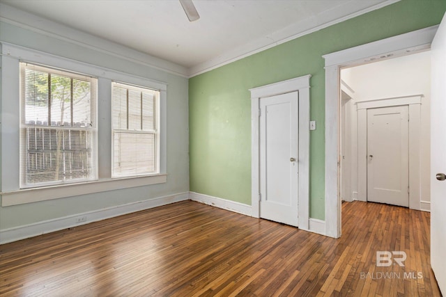 121 Westwood St, Mobile, AL 36606 - unfurnished room with ceiling fan, baseboards, crown molding, and hardwood / wood-style floors