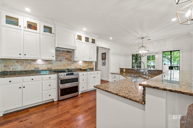 kitchen with recessed lighting, wood finished floors, double oven range, backsplash, and a sink