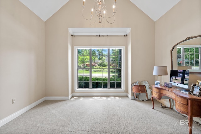 carpeted home office featuring a chandelier, plenty of natural light, high vaulted ceiling, and baseboards