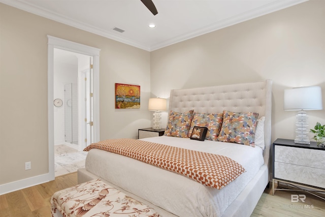 bedroom with ceiling fan, light hardwood / wood-style floors, and ornamental molding