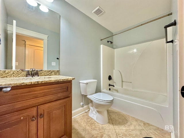 full bathroom with vanity, washtub / shower combination, toilet, and tile patterned floors