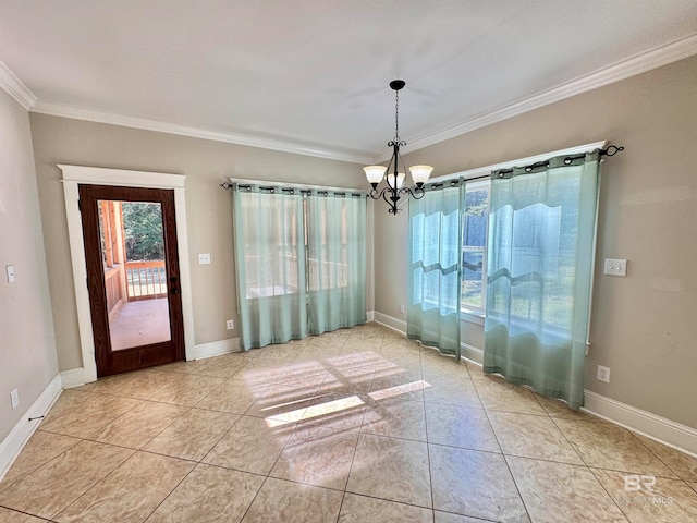 unfurnished dining area with ornamental molding, light tile patterned floors, and a chandelier