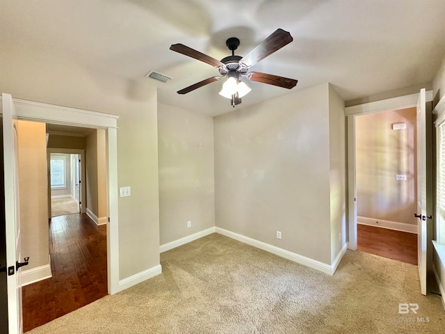 unfurnished bedroom with light hardwood / wood-style floors and ceiling fan