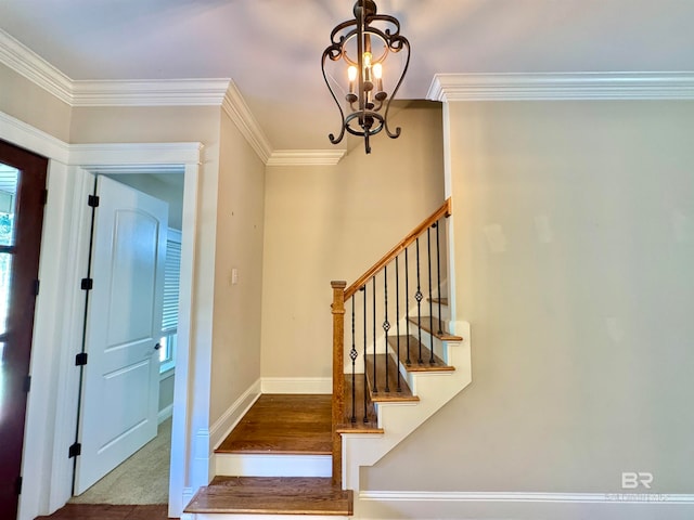 foyer with hardwood / wood-style floors, crown molding, and an inviting chandelier