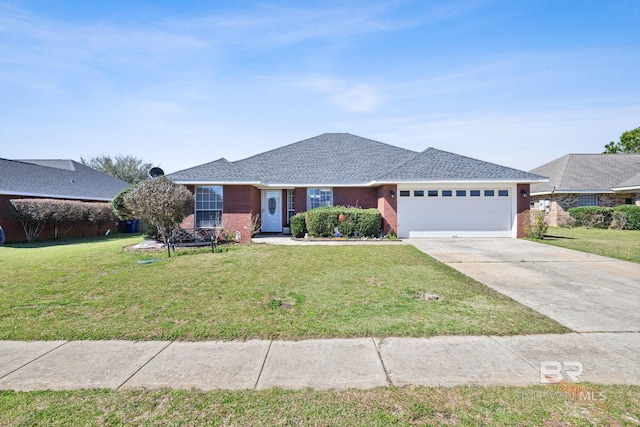 ranch-style house with a garage, concrete driveway, a front lawn, and brick siding