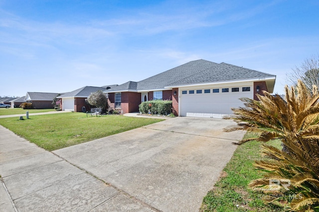 single story home with brick siding, roof with shingles, concrete driveway, a garage, and a front lawn