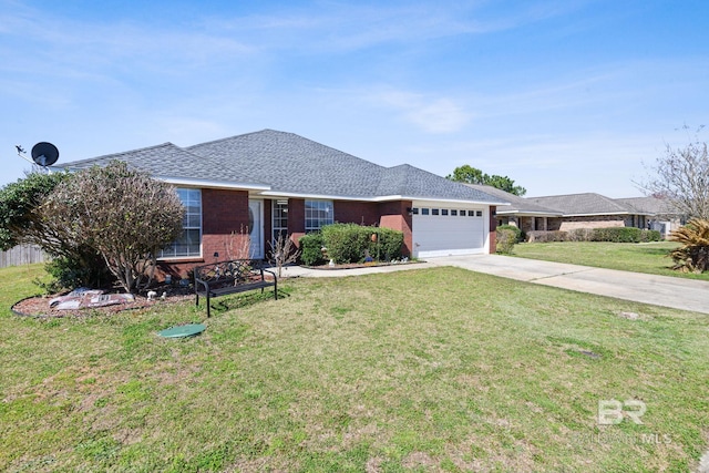 single story home with concrete driveway, a front lawn, an attached garage, and brick siding