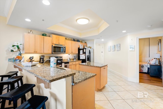 kitchen with a center island, a peninsula, a tray ceiling, stainless steel appliances, and crown molding