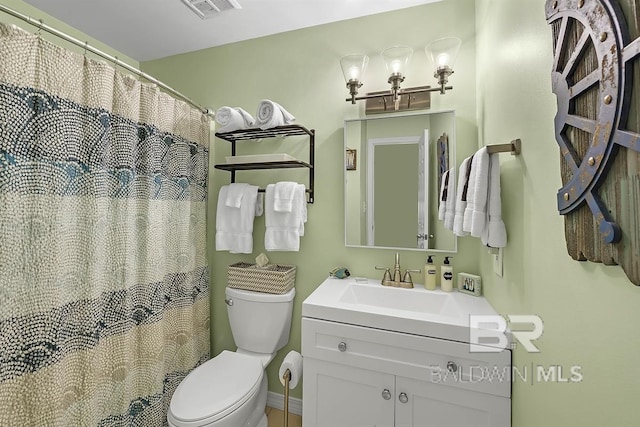 full bathroom featuring visible vents, toilet, and vanity