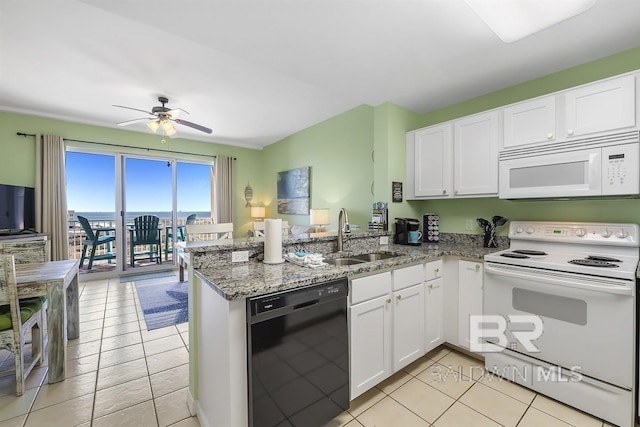 kitchen with white cabinetry, white appliances, a peninsula, and a sink