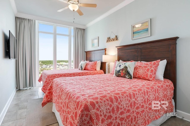 bedroom featuring crown molding, baseboards, and ceiling fan