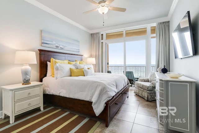 bedroom with access to exterior, tile patterned flooring, a ceiling fan, and crown molding