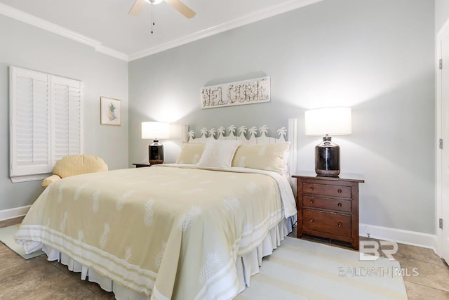 bedroom featuring crown molding, baseboards, and ceiling fan