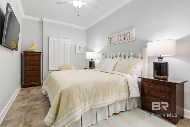 bedroom with ceiling fan, baseboards, and crown molding