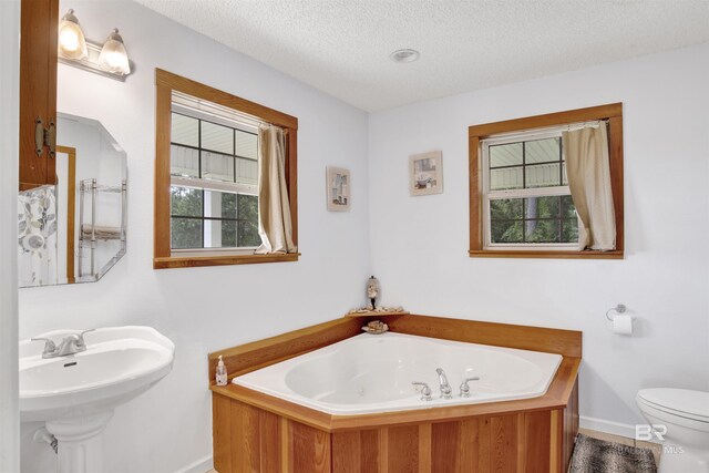 bathroom featuring toilet, a bath, sink, and a textured ceiling