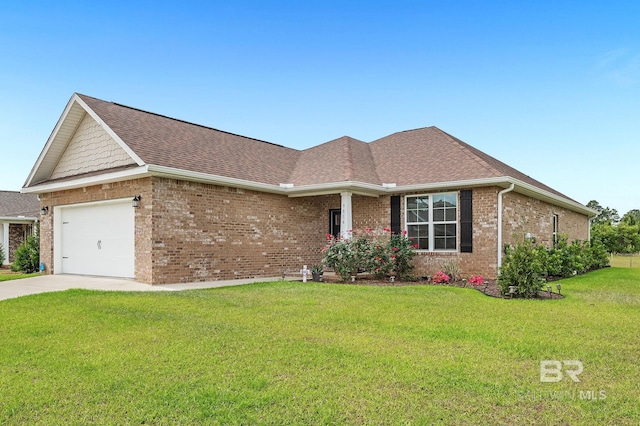 ranch-style house featuring roof with shingles, an attached garage, a front lawn, brick siding, and driveway