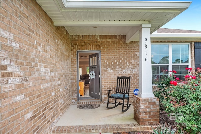 doorway to property featuring brick siding and roof with shingles