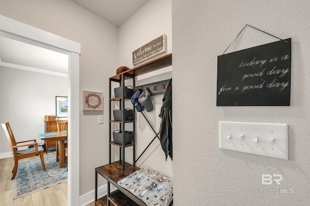 mudroom with crown molding and wood finished floors