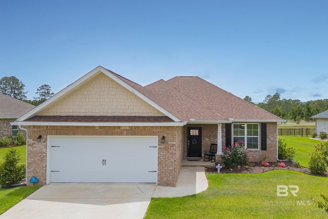 ranch-style house with a front lawn, covered porch, brick siding, an attached garage, and driveway