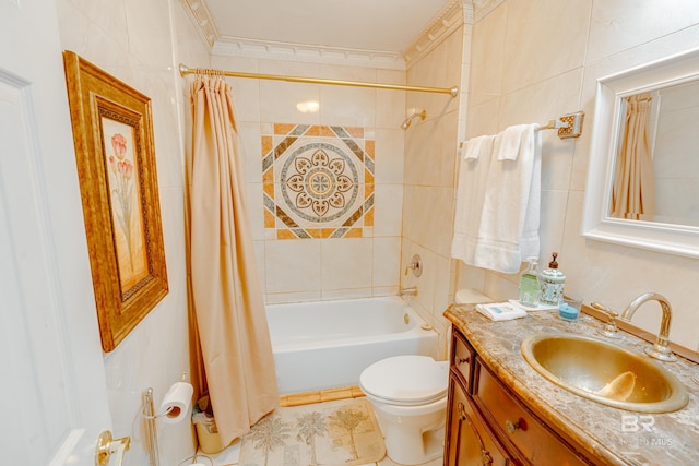 full bathroom with tile patterned floors, shower / bath combination with curtain, toilet, and vanity