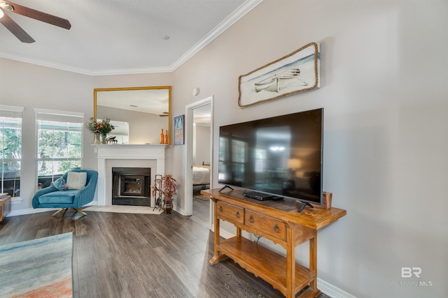 living room with wood-type flooring, ornamental molding, and ceiling fan