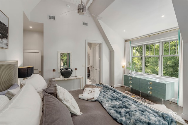 bedroom with high vaulted ceiling