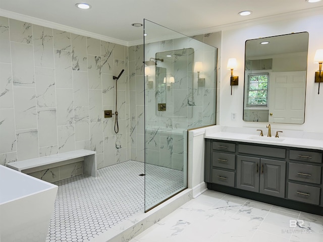 2613 Charlotte Oaks Dr, Mobile, AL 36695 - bathroom featuring ornamental molding, recessed lighting, a marble finish shower, vanity, and a soaking tub