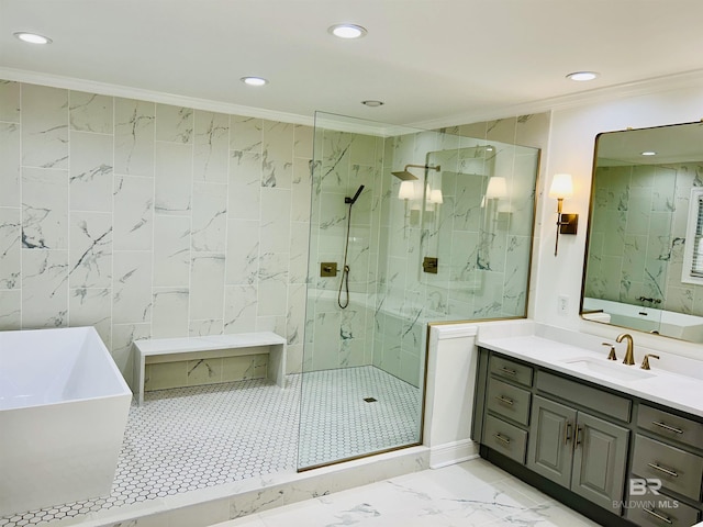 2613 Charlotte Oaks Dr, Mobile, AL 36695 - bathroom featuring ornamental molding, recessed lighting, a marble finish shower, marble finish floors, and vanity