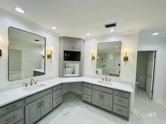 2613 Charlotte Oaks Dr, Mobile, AL 36695 - full bath with marble finish floors, toilet, ornamental molding, a marble finish shower, and recessed lighting