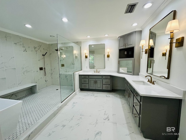 2613 Charlotte Oaks Dr, Mobile, AL 36695 - full bath with a marble finish shower, ornamental molding, recessed lighting, marble finish flooring, and a freestanding tub