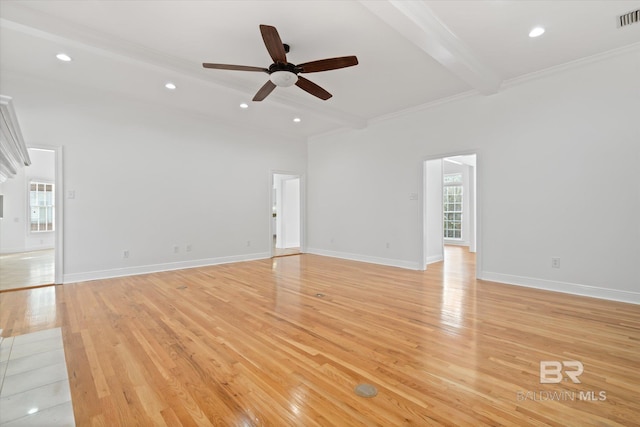 interior space with beam ceiling, ceiling fan, and light wood-type flooring