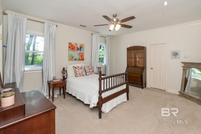 41 Yester Pl, Mobile, AL 36608 - bedroom featuring visible vents, a ceiling fan, ornamental molding, and light carpet
