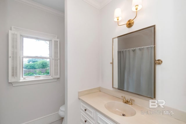 41 Yester Pl, Mobile, AL 36608 - bathroom featuring vanity, toilet, crown molding, baseboards, and a shower with shower curtain